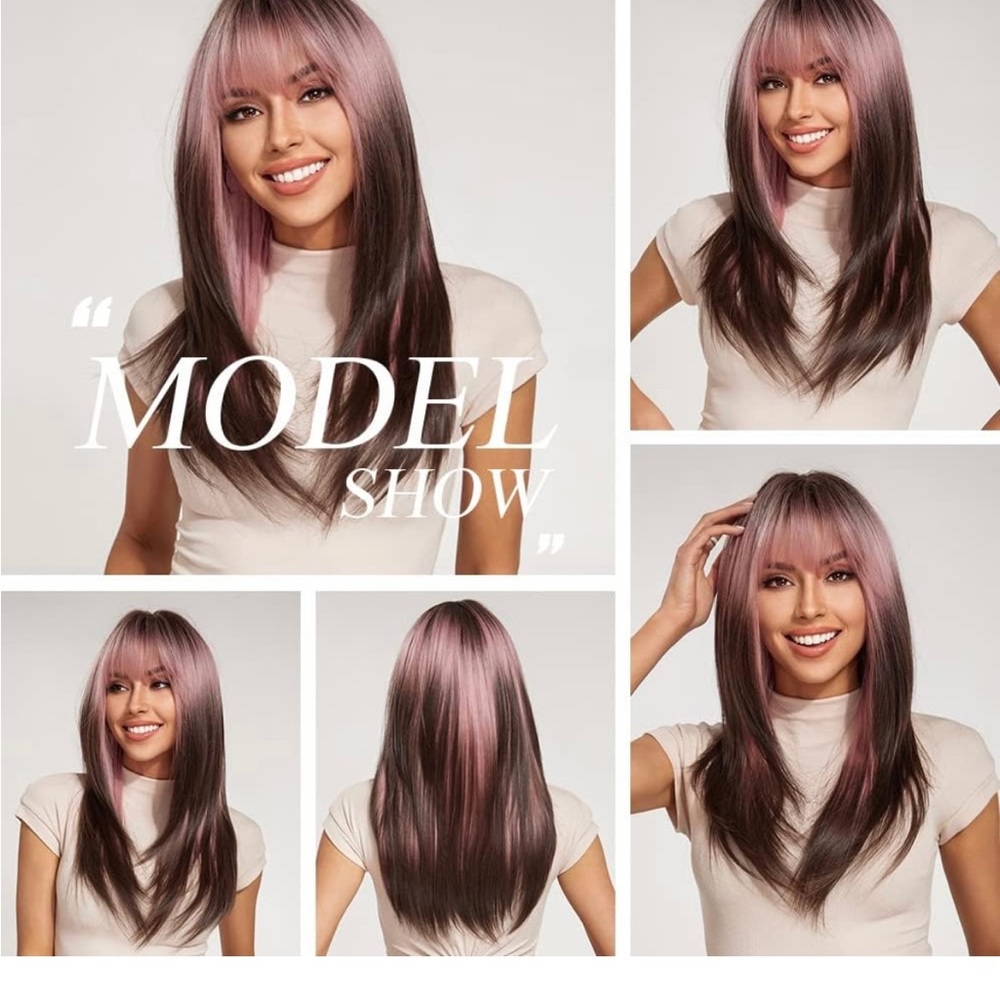 Human hair blend pink brown ombre layered wig - Picture 3 of 6